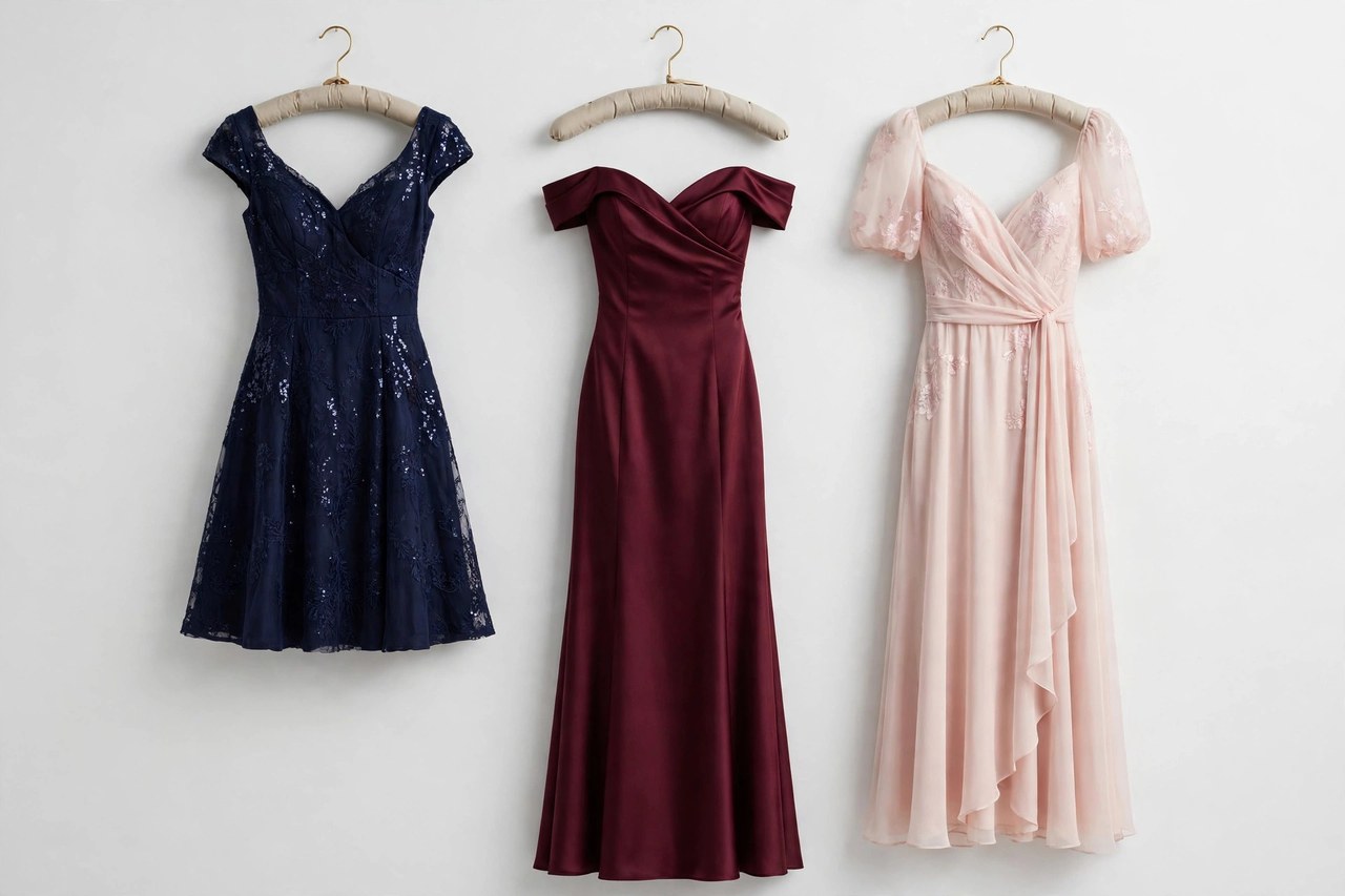 Elegant women's occasion dresses on padded hangers: a navy cocktail dress, a burgundy evening gown and a blush wedding guest dress