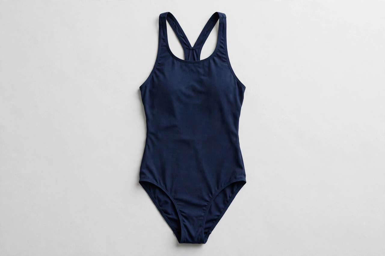 A women's one-piece racerback swimsuit laid flat: a navy athletic swimsuit garment with converging back straps, shown as a flat garment only