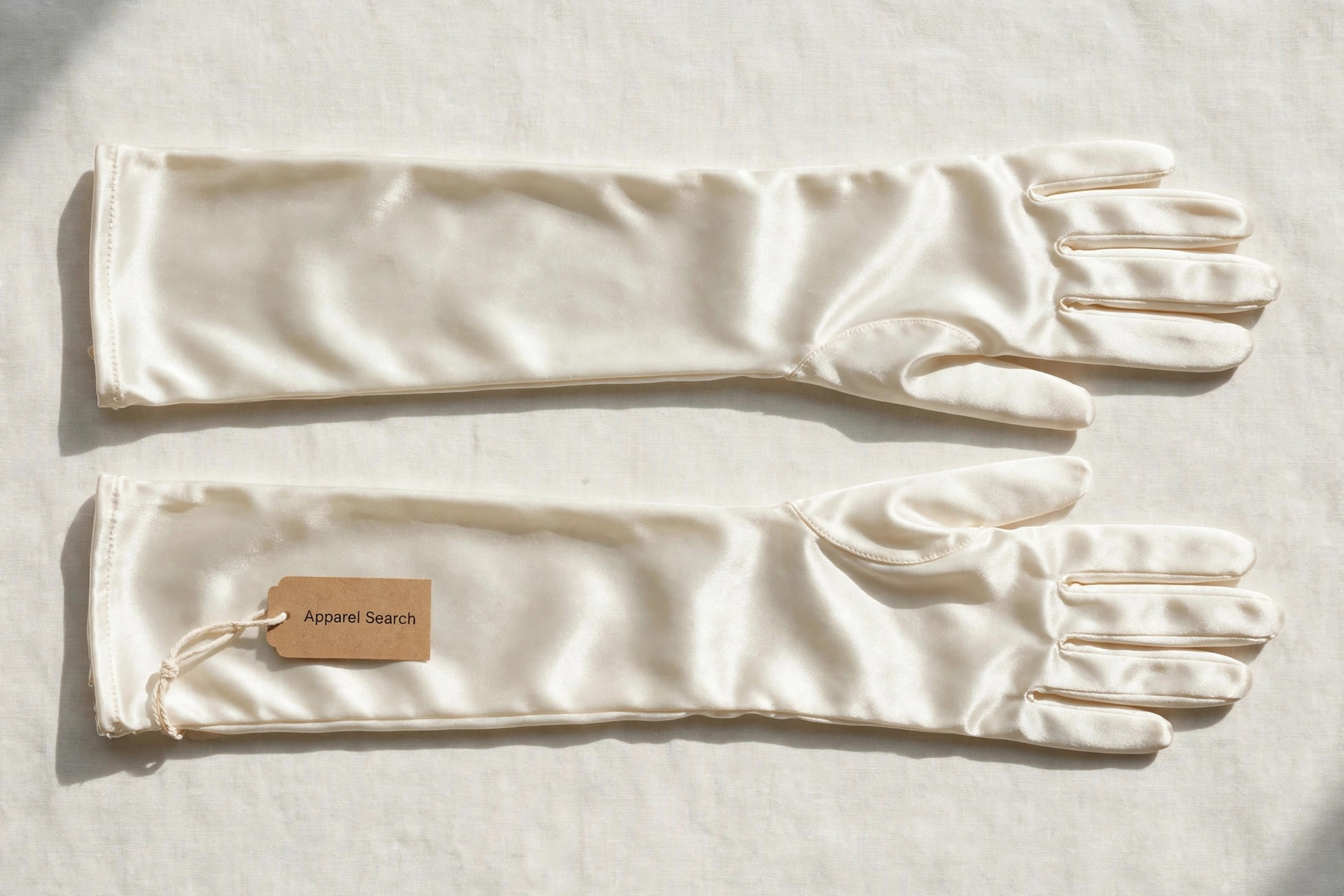 Women's long ivory satin opera gloves extending above the elbow lying flat, product photography with no people