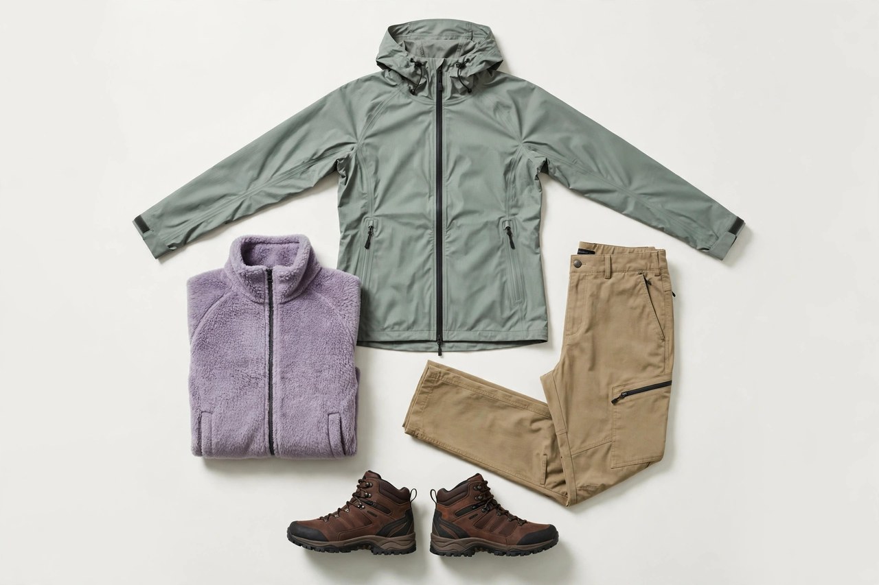 Women's outdoor apparel laid out for a hike: a waterproof shell jacket, fleece mid-layer, hiking trousers and boots