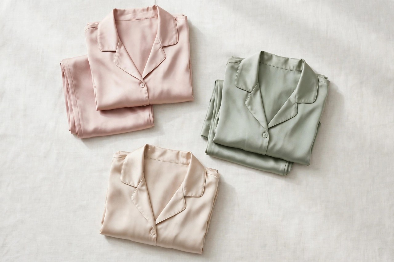 Folded women's petite silk sleepwear pajama set and camisole in blush and champagne silk laid flat on bedding