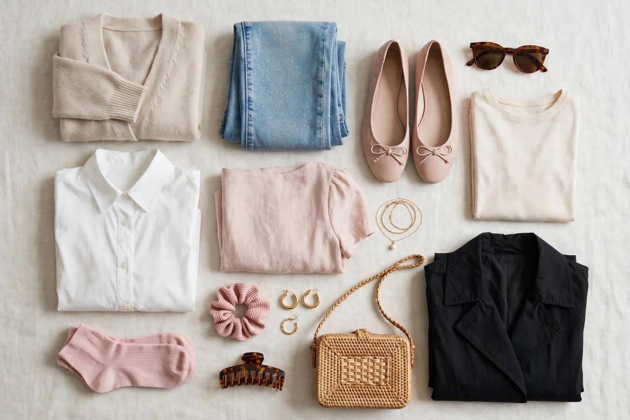Women's petite apparel collection laid out including a scaled jacket, trousers, blouse and dress in coordinated colors