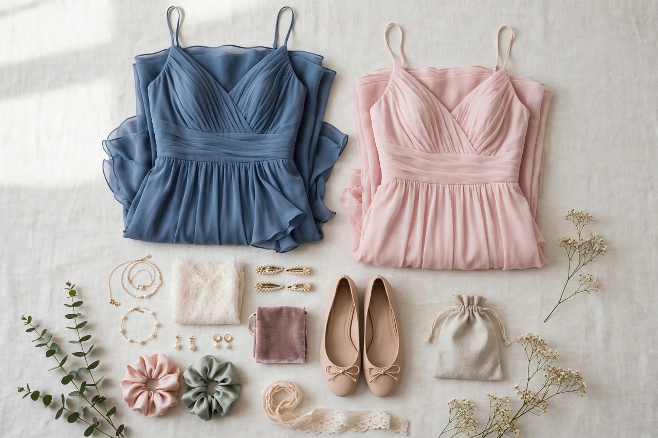 Women's petite bridesmaid dresses in a shared color palette on hangers in varied necklines with shorter hemlines