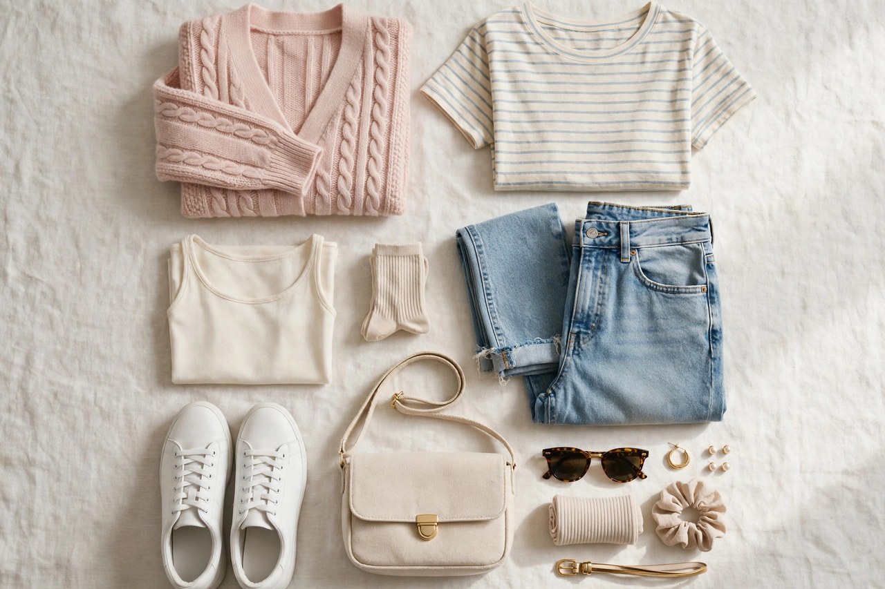 Women's petite casualwear laid out including a fitted tee, ankle jeans, shorts and a cropped cardigan in soft colors