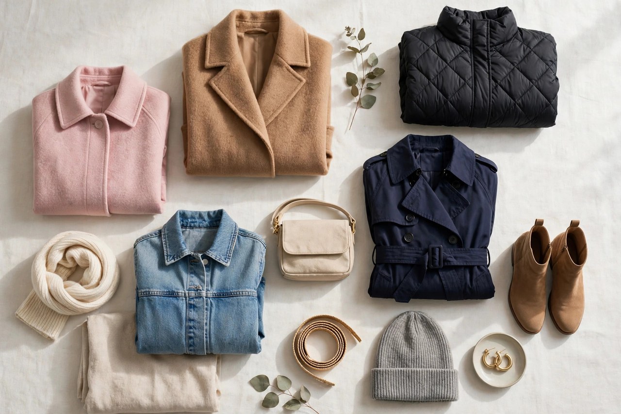 Women's petite coats in wool, trench and quilted styles in camel, navy and burgundy folded and hung in a row