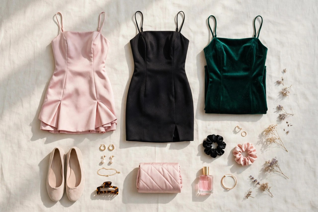 Women's petite cocktail dresses in satin, lace and crepe in jewel tones hanging in a row at knee length