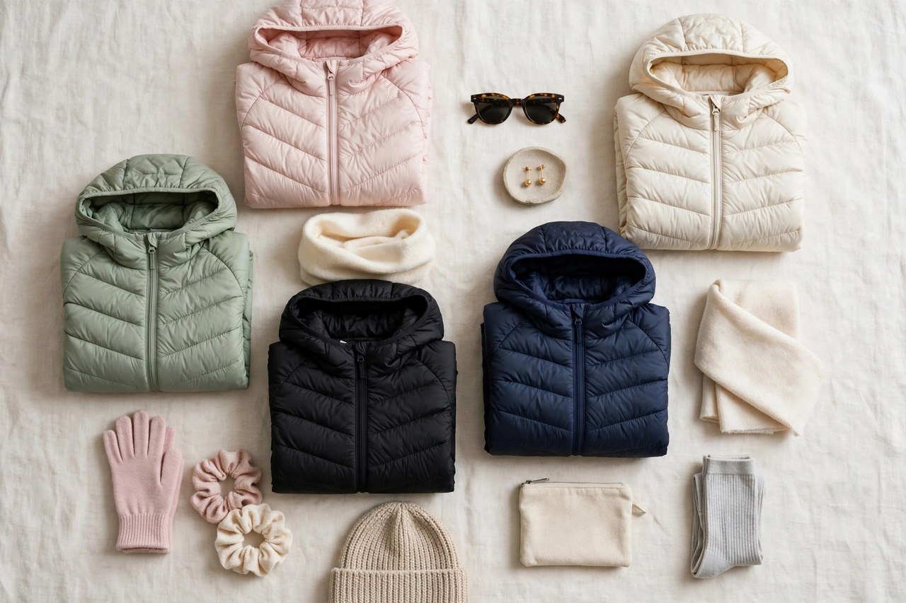 Women's petite down jackets and puffer coats in black, red and silver with quilted baffles folded and hung in a row