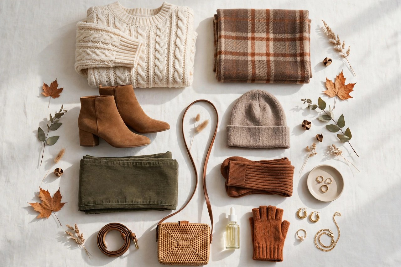 Women's petite fall fashion garments including a wool coat, knits, trousers and scarves in rust, camel and olive tones arranged together
