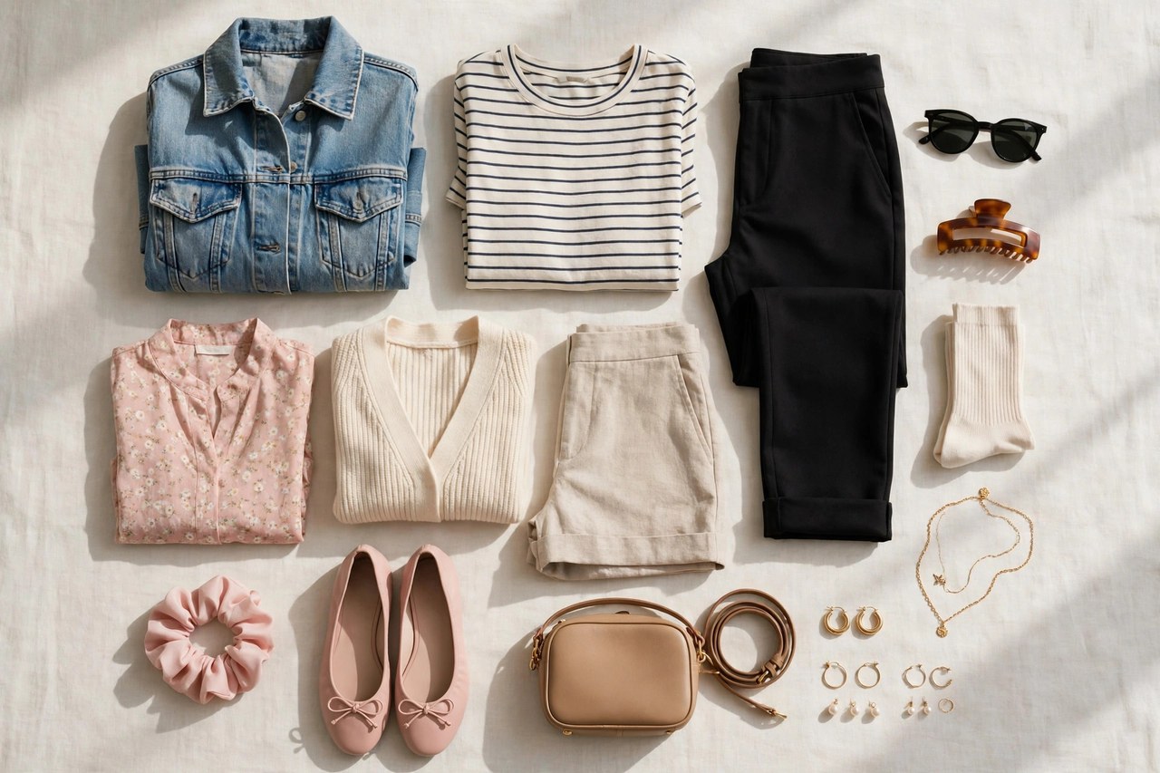 Women's petite fashion outfits including a blazer, dress, trousers and knit in coordinated colors arranged as complete looks