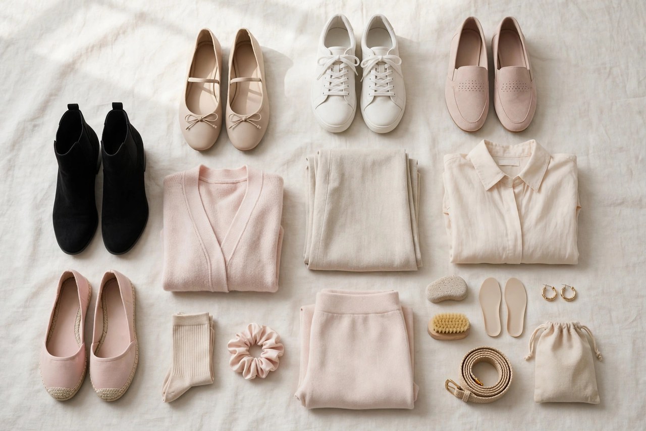 Women's petite footwear including heels, flats, sandals and ankle boots in small sizes arranged in a row