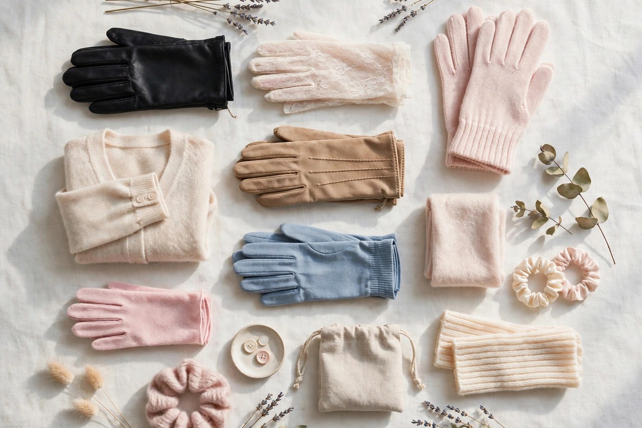 Women's petite gloves in leather, knit and wool in small sizes arranged in pairs on a flat surface
