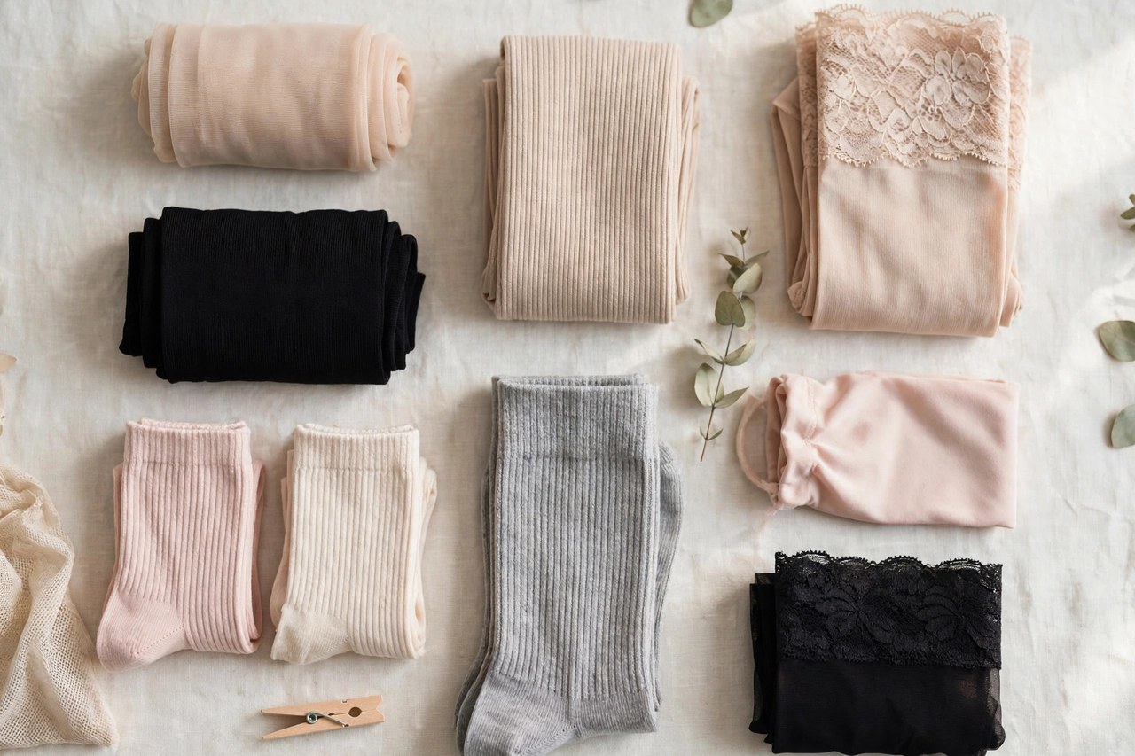 Folded women's petite hosiery in sheer, opaque and patterned styles in neutral and dark shades arranged in a drawer