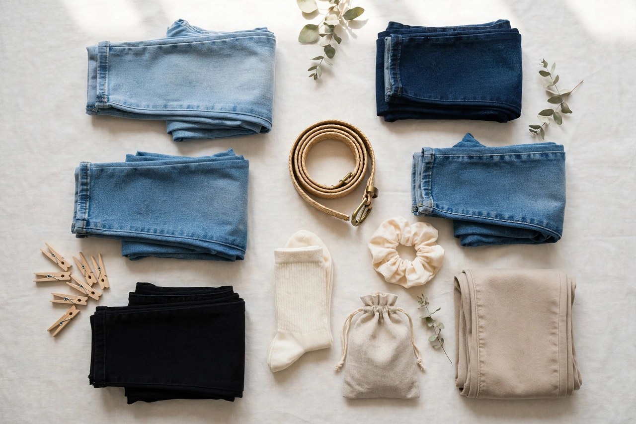 Women's petite jeans in skinny, straight and bootcut fits in varied washes folded in a stack