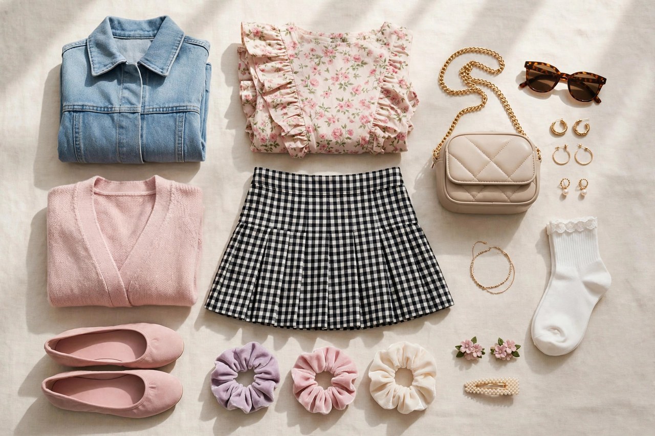 Women's petite and juniors fashion in casual dresses, tops and jeans in bright colors arranged on hangers
