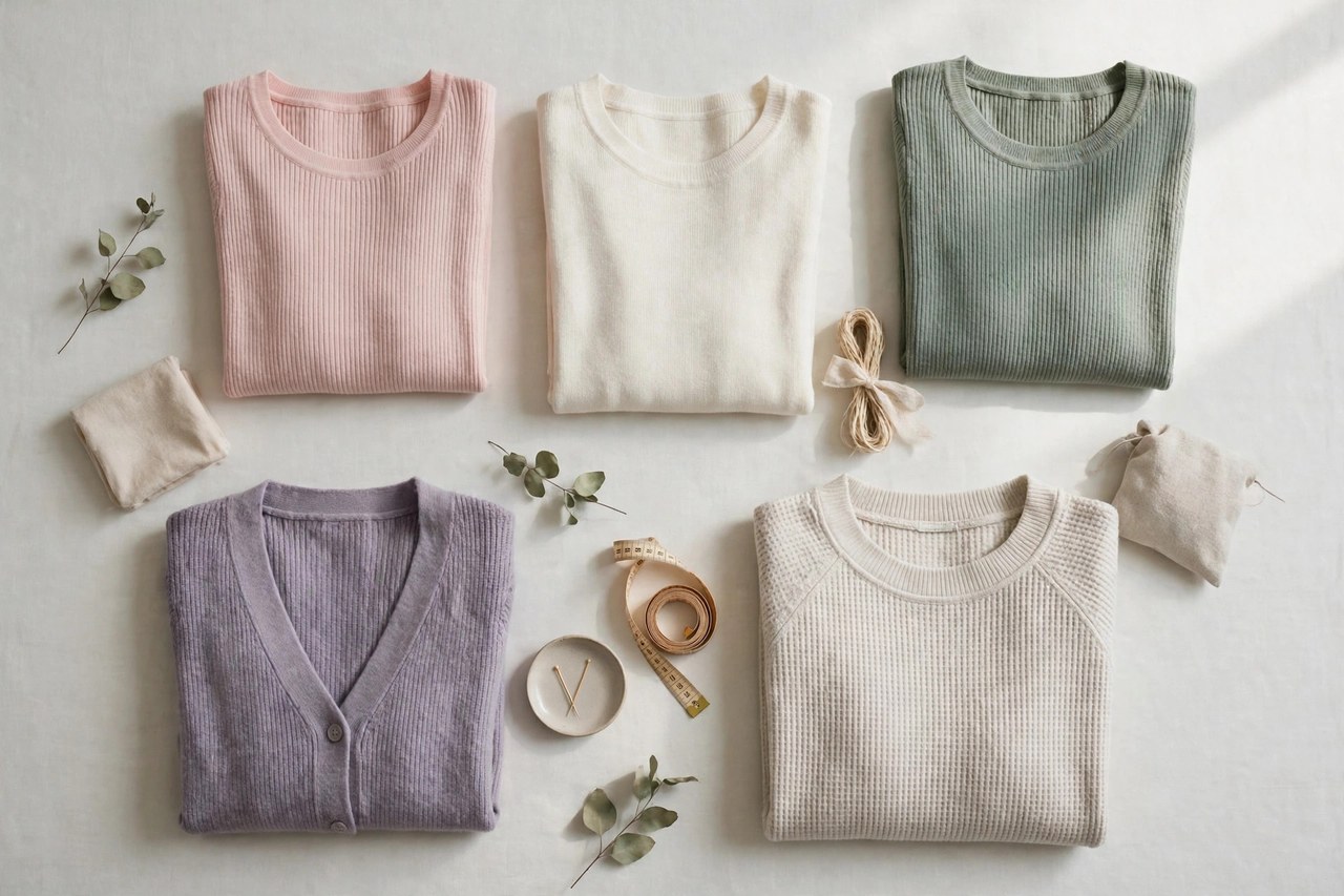 Women's petite knit tops in jersey and fine-gauge knits in assorted colors folded in a neat stack