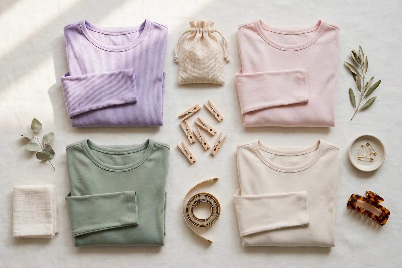 Women's petite long sleeve shirts in button-down, knit and blouse styles folded and hung in assorted colors