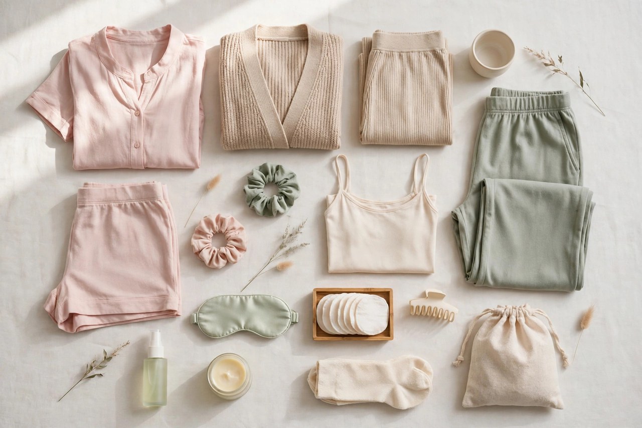 Folded women's petite loungewear sets in soft knit fabrics with jogger pants and relaxed tops arranged on a sofa