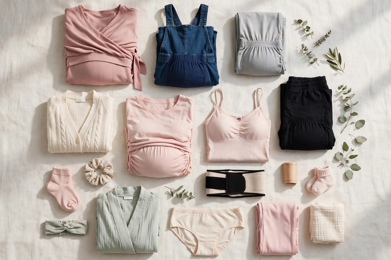 Folded women's petite maternity tops, dresses and panel pants in soft jersey fabrics arranged on a nursery chair