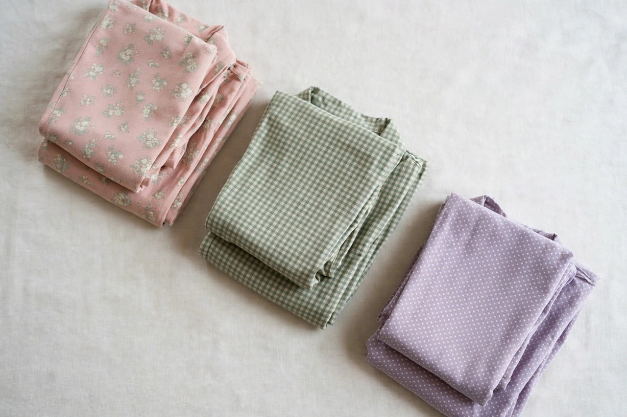 Folded women's petite pajama sets in cotton and flannel with button tops and shorter-length pants arranged on a bed