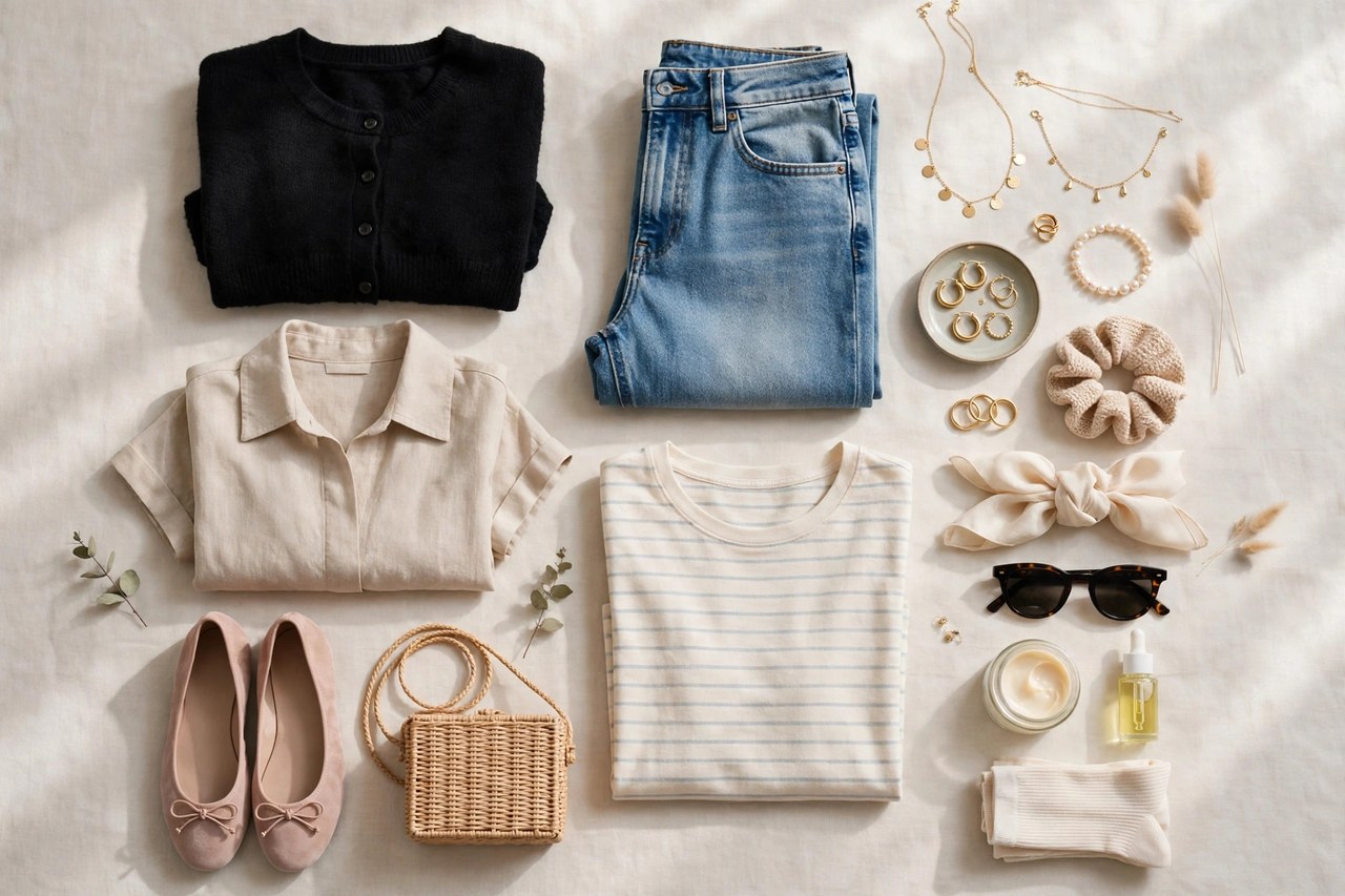 Women's petite separates including blouses, knit tops, pants and skirts in coordinating colors arranged for mixing and matching