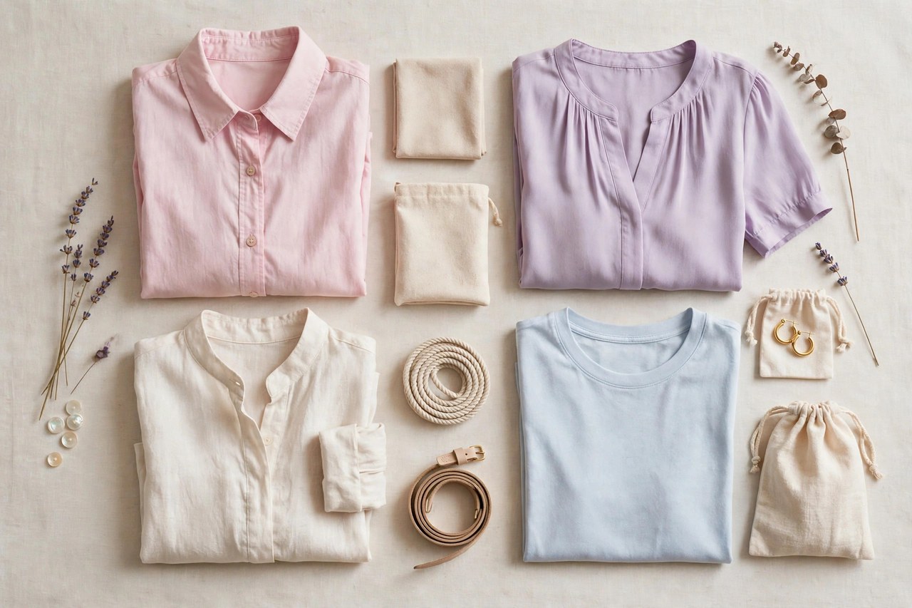 Women's petite shirts in button-front, striped and solid styles neatly folded in a stack showing collars and cuffs