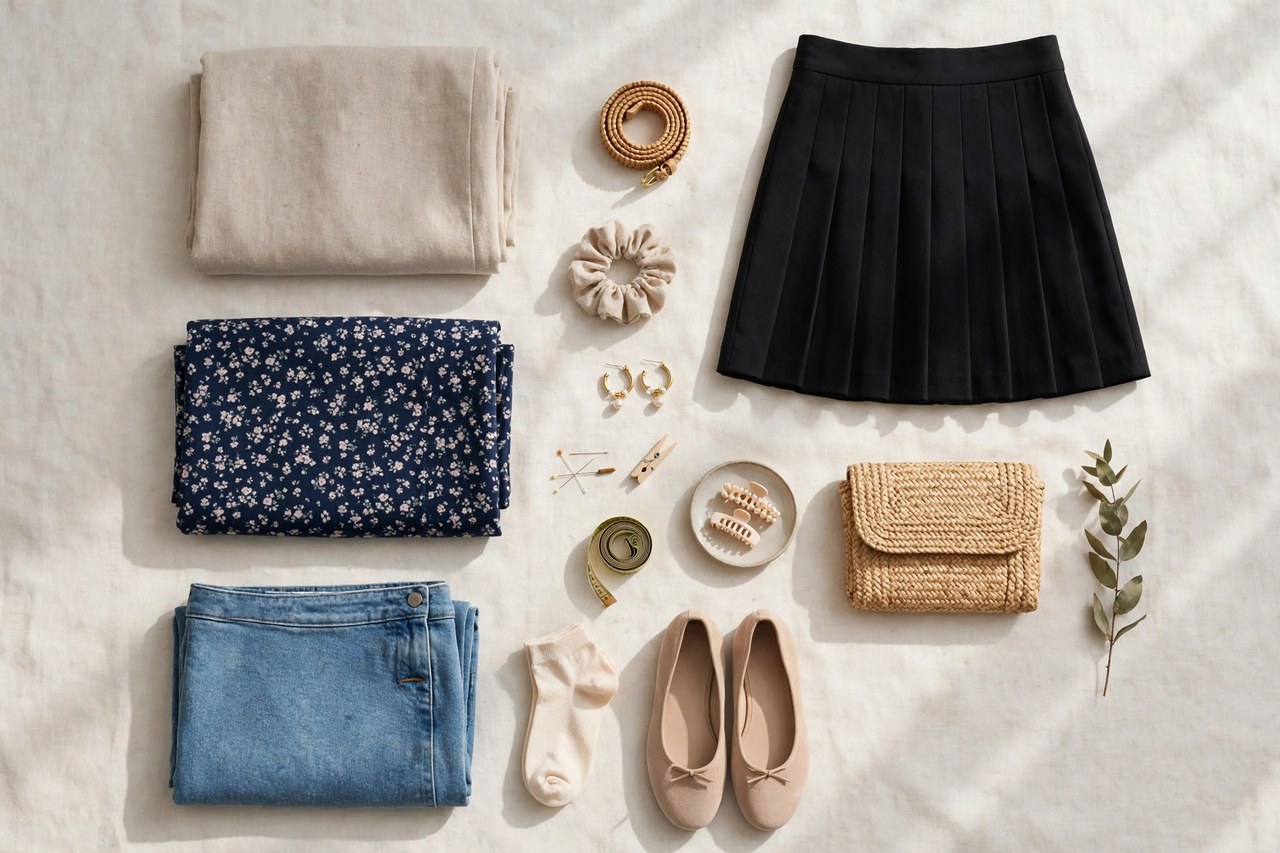 Women's petite skirts in A-line, pencil and pleated styles hung in a row showing varied lengths and fabrics