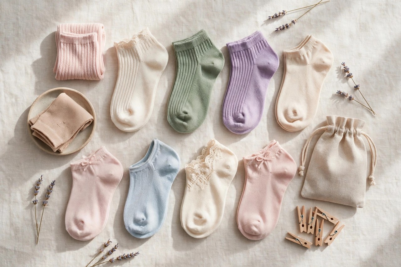 Women's petite socks in crew, quarter and ankle lengths in cotton and wool blends neatly paired and arranged in a drawer