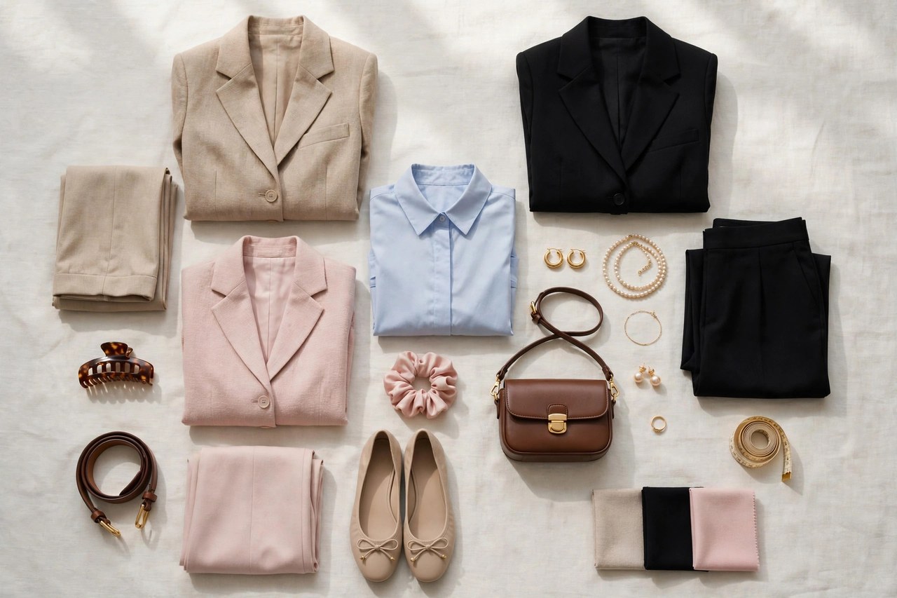 Women's petite suits in navy and charcoal suiting with tailored jackets and trousers displayed on hangers