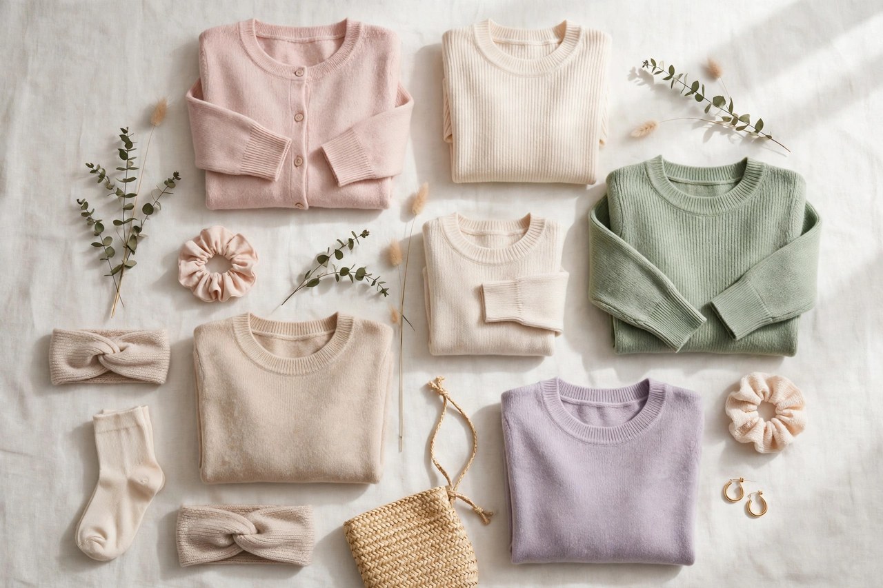 Folded women's petite sweaters in wool, cotton and knit blends in assorted colors showing crew and V necklines