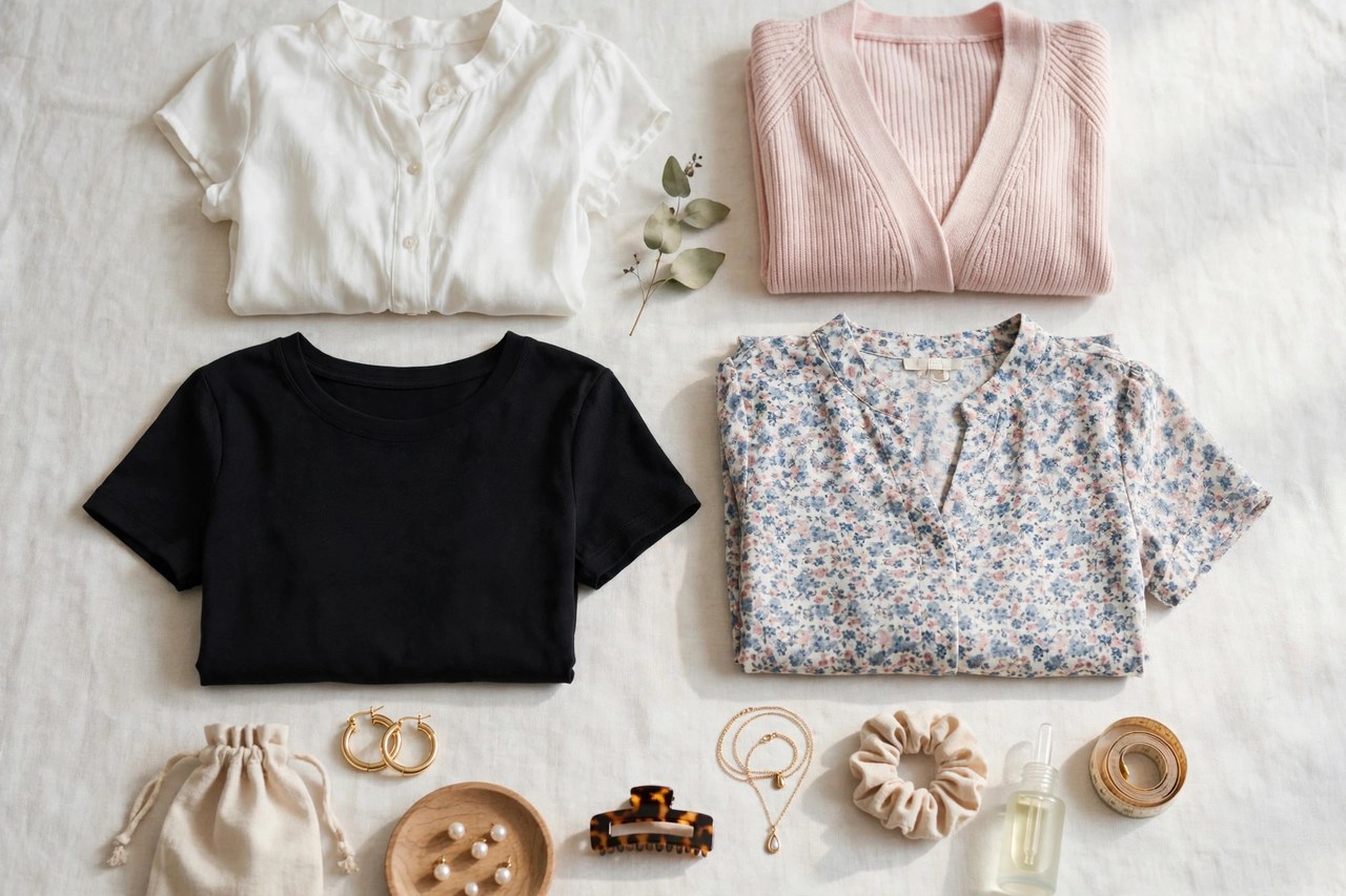 Rail of women's petite tops including blouses, knit tops and shirts in varied colors with proportionally short lengths