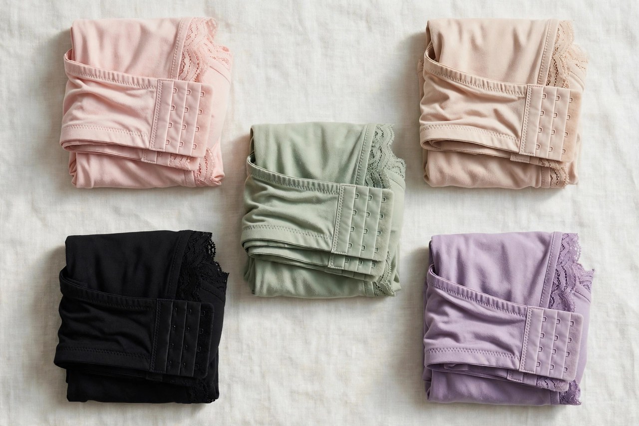Folded plus size bras in smooth, lace-trim and wireless styles in neutral colors arranged flat in a drawer as a product display
