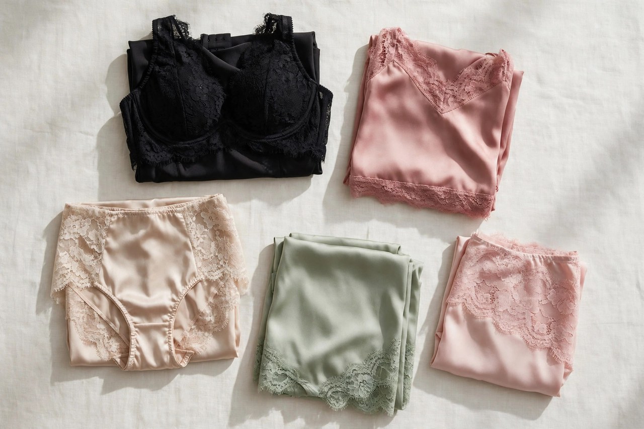 Women's plus size lingerie garments laid flat showing camisole, slip and matching set in satin and lace-trim fabrics