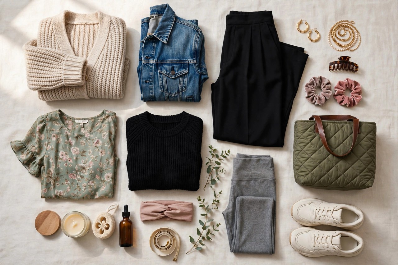 Women's plus size outfits laid flat as three coordinated sets with tops, pants, a skirt outfit and matching accessories
