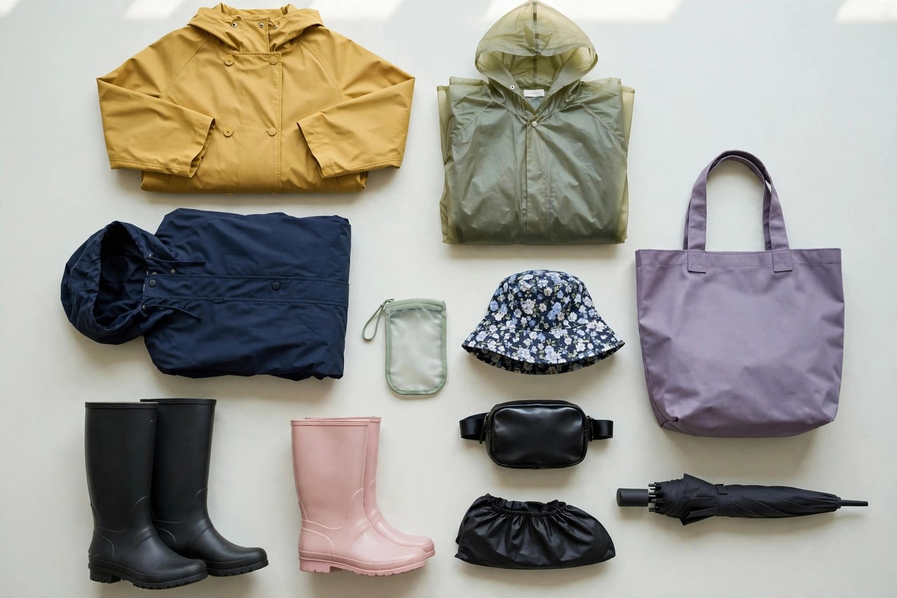 Women's plus size rainwear gear laid flat including waterproof pants, rain boots, bucket hat and packable shell jacket