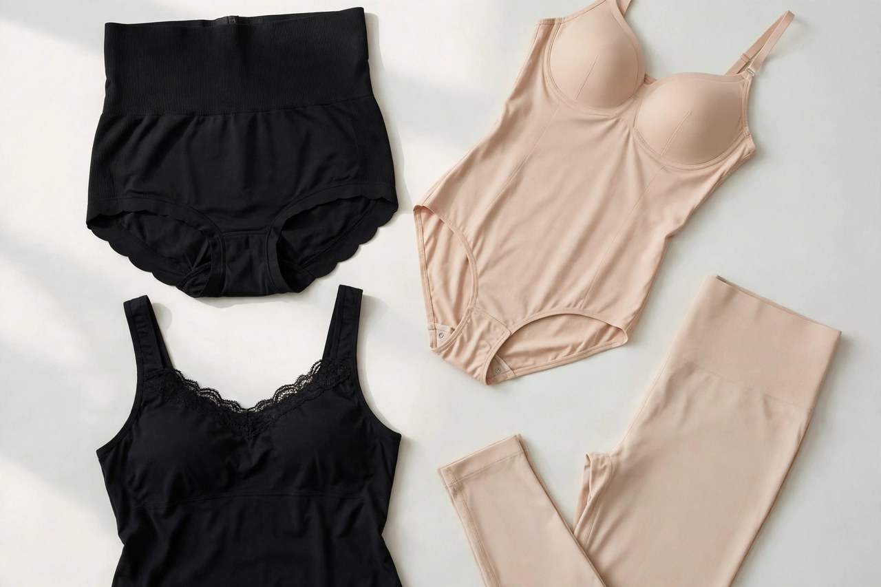 Women's plus size shapewear garments laid flat including a bodysuit, mid-thigh short and smoothing camisole in neutral tones