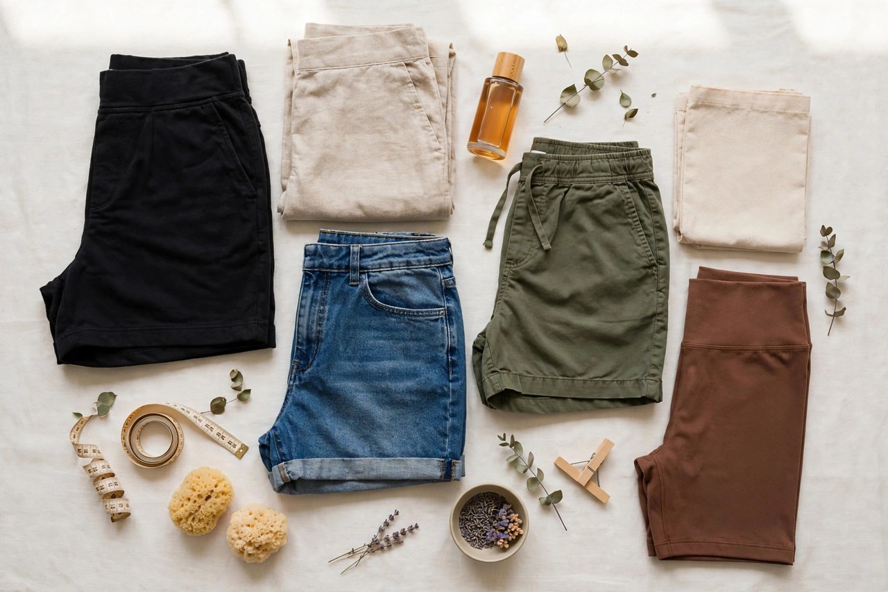 Women's plus size shorts folded in denim, chino twill and linen in several inseam lengths