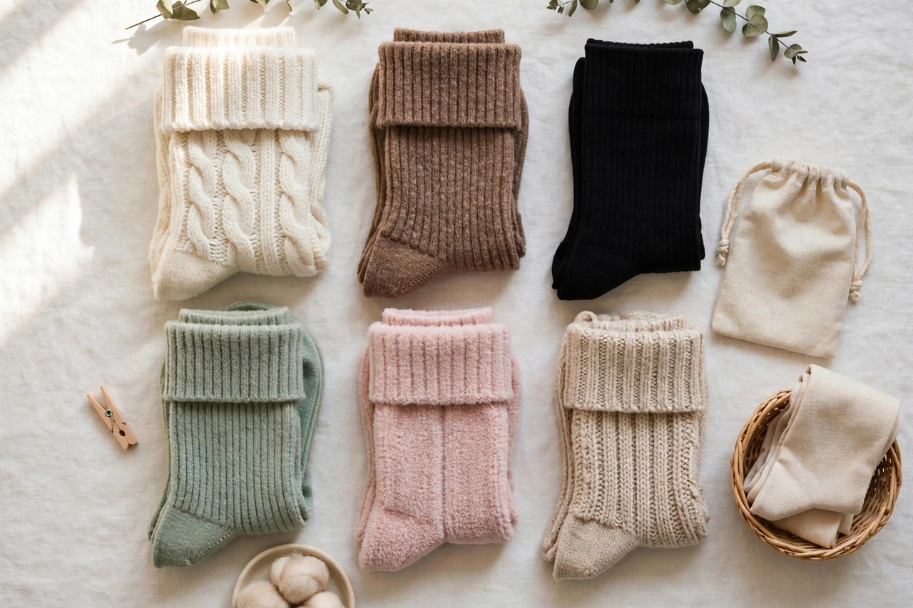 Women's plus size socks arranged flat in crew, knee-high and ankle lengths in cotton and wool blends