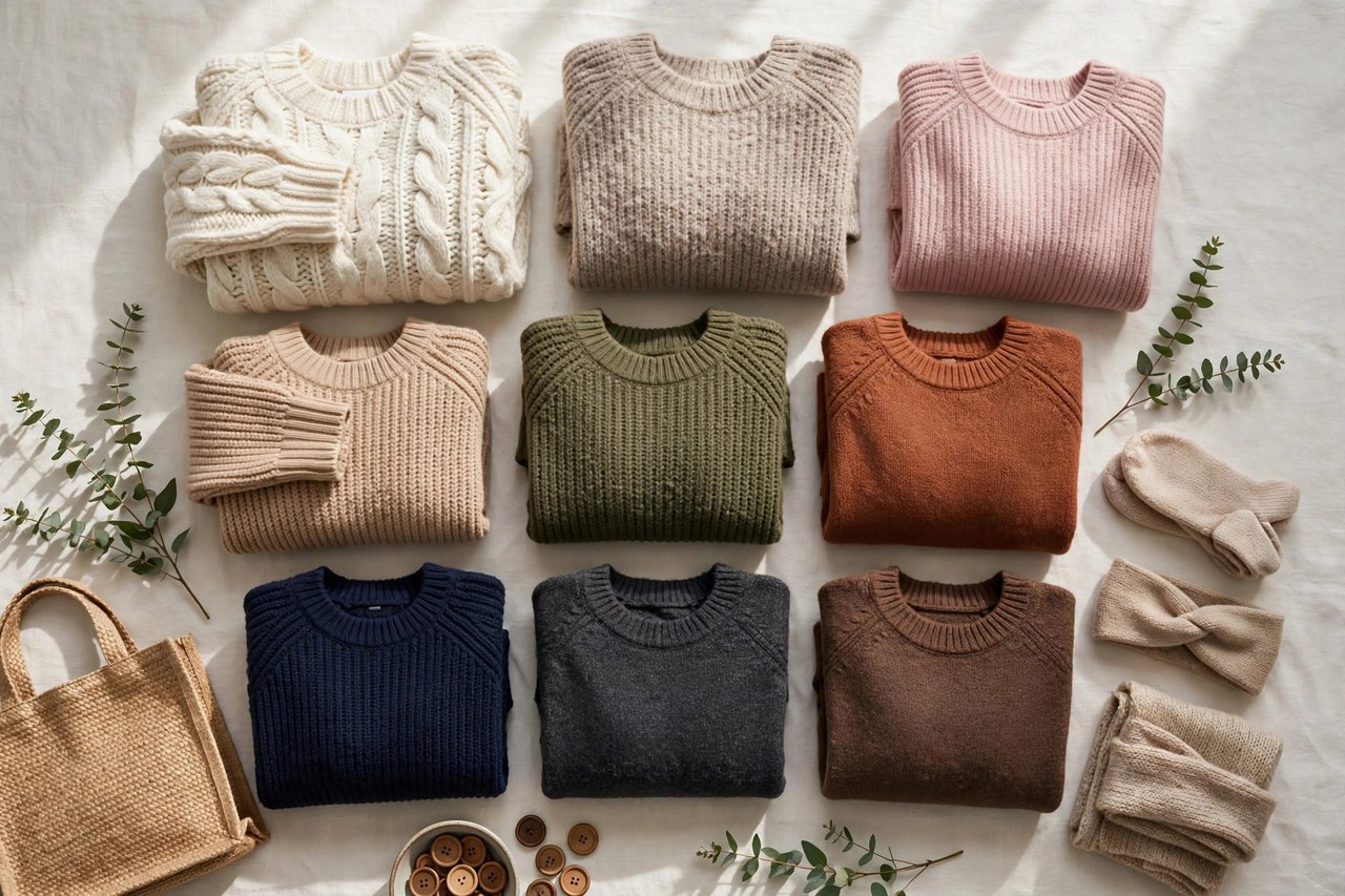 Women's plus size sweaters folded in a stack including crewneck, V-neck and cardigan styles in soft knit colors