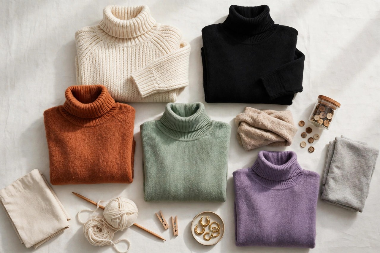 Folded women's plus size turtlenecks in black, cream and burgundy knit showing folded collars and long sleeves