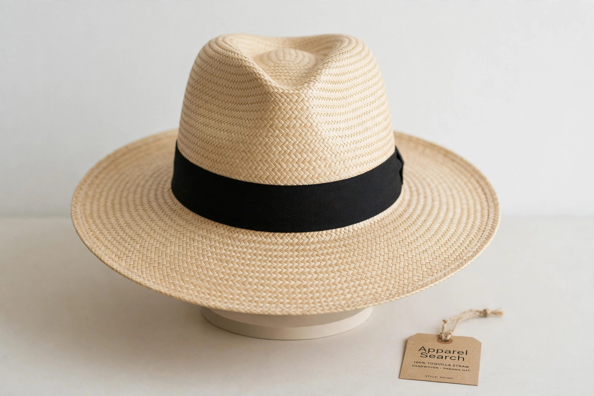 Women's Panama hat in fine natural toquilla straw with a black band on a plain display stand against a clean light background, product photography with no people