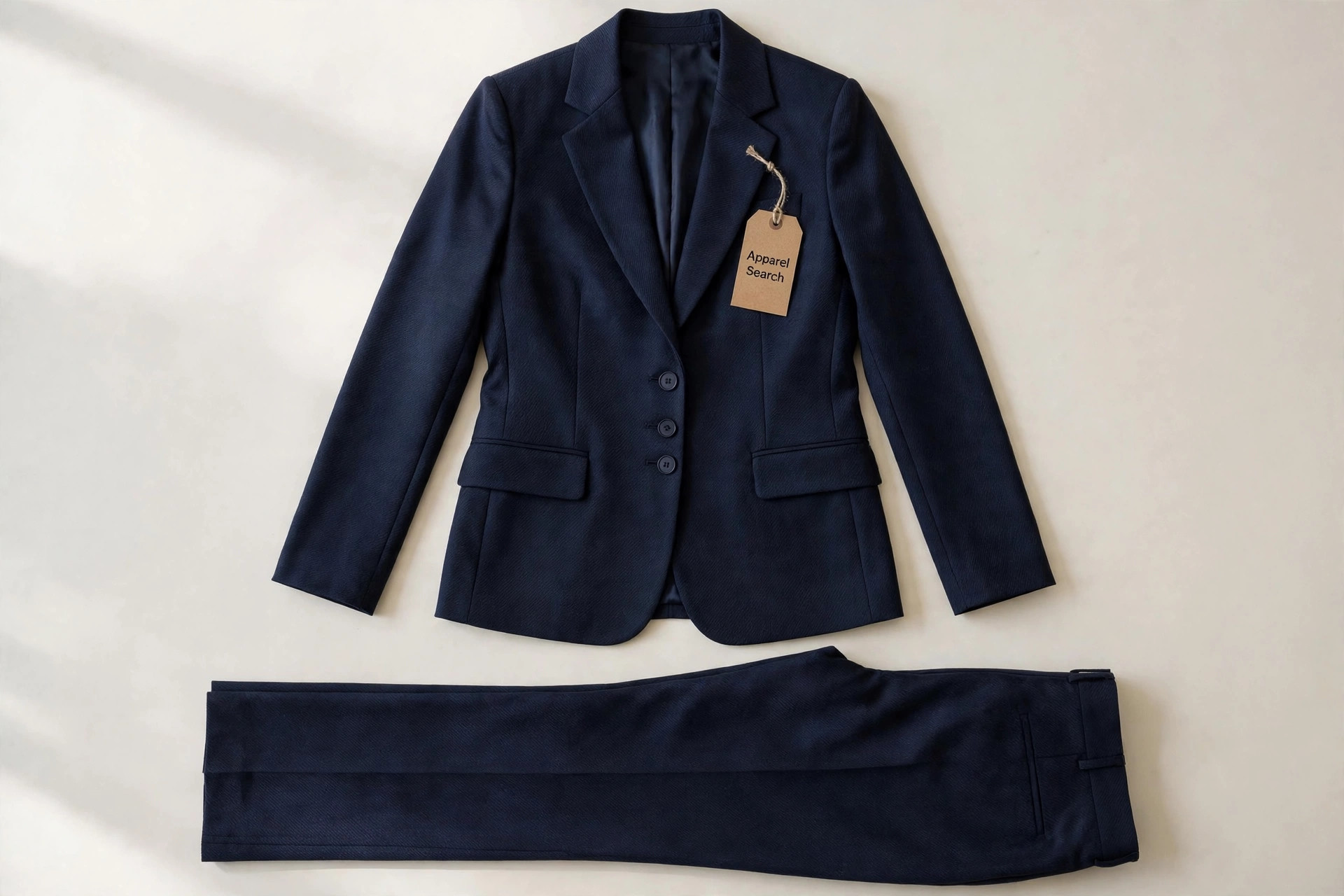 Women's pantsuit in navy suiting laid flat, single-breasted blazer above matching straight-leg trousers with a paper shopping tag, product photography with no people
