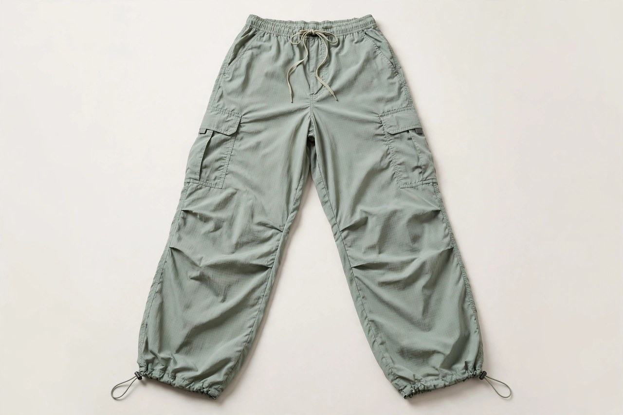 Women's parachute pants in shiny nylon with baggy legs and cinched ankle hems laid flat in bright colors