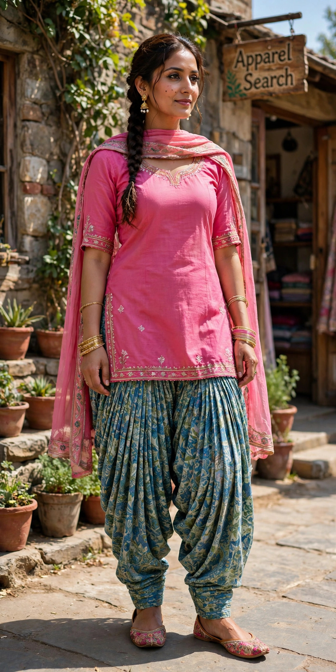 Woman wearing a short pink kameez with a full pleated Patiala salwar in printed blue cotton, dupatta and embroidered jutti shoes