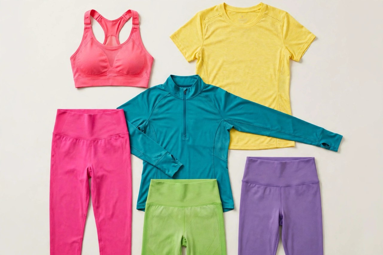 Women's performance apparel including athletic tops, leggings and jackets in technical fabrics laid out with running shoes