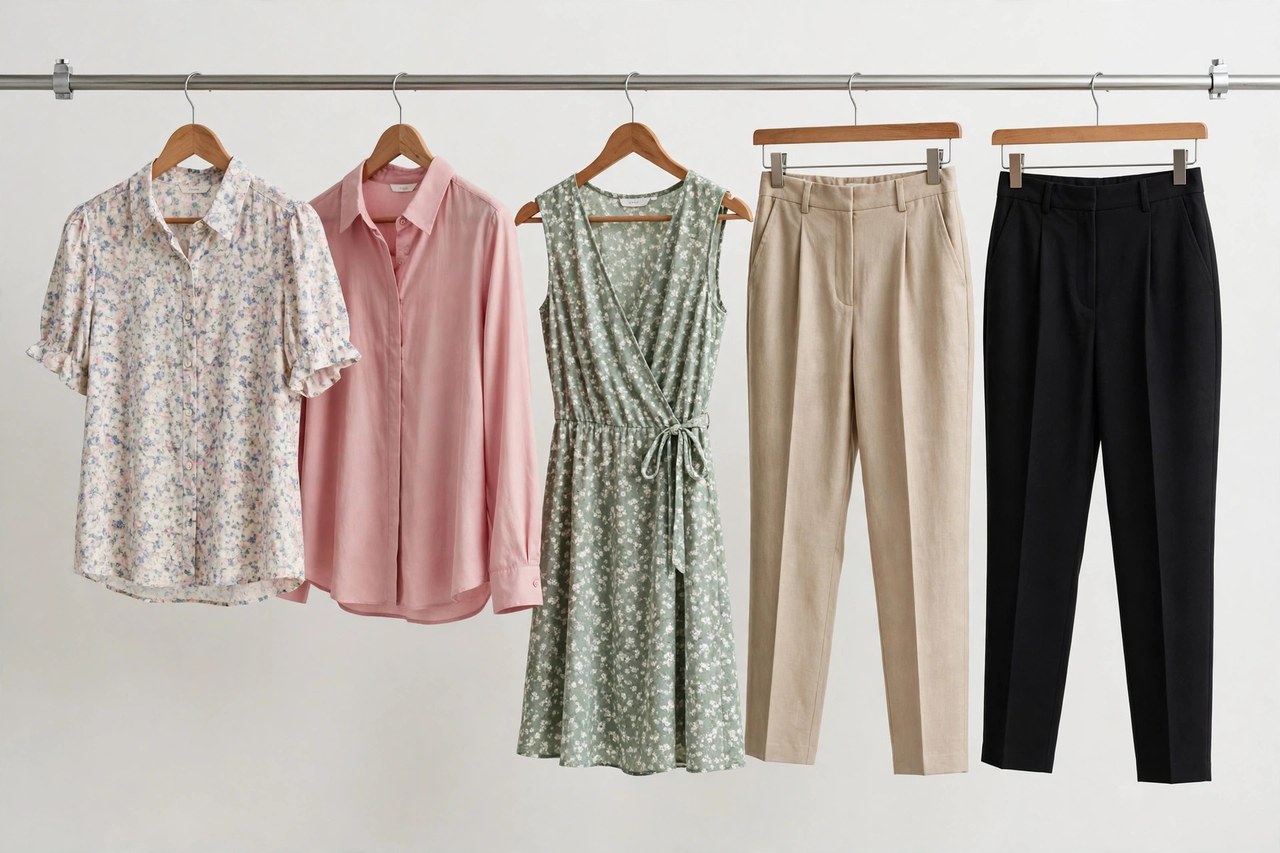 Women's petite clothing in proportioned styles including a tailored jacket, pants and dress arranged on a rail