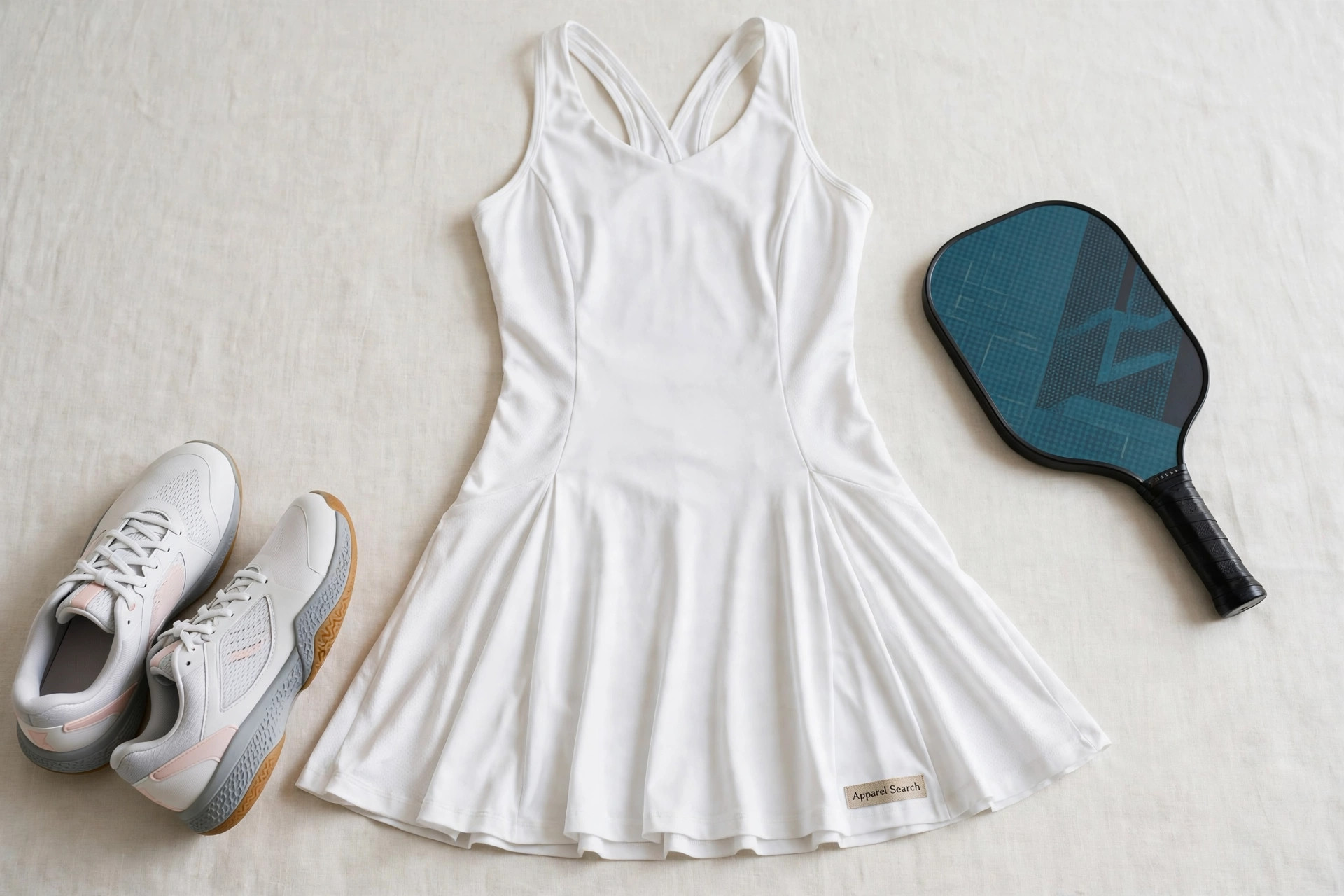 Women's pickleball clothing laid flat, a white pickleball dress, court shoes and a paddle beside them, product photography with no people