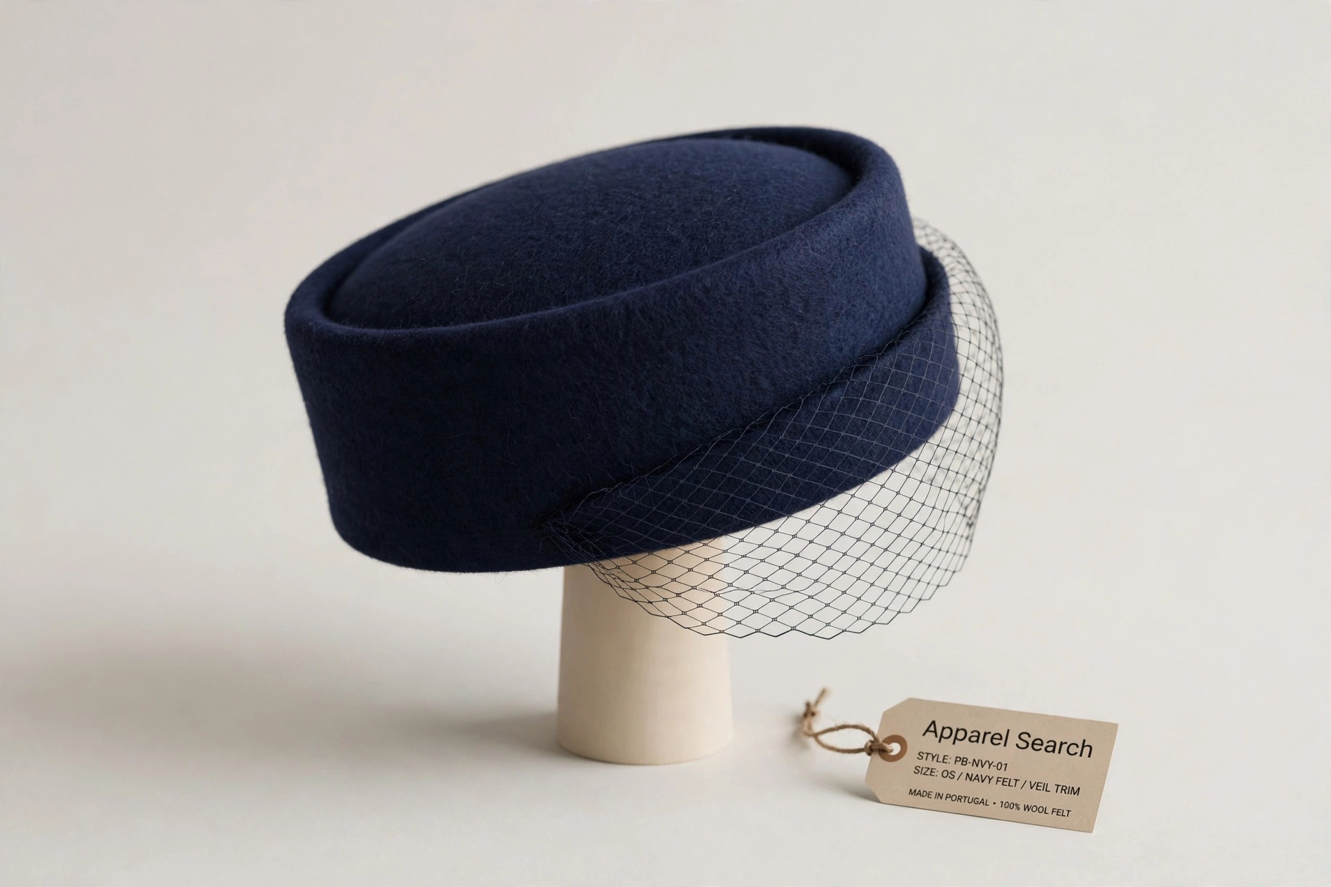 Women's pillbox hat in navy felt with a short veil trim on a plain display stand against a clean light background, product photography with no people