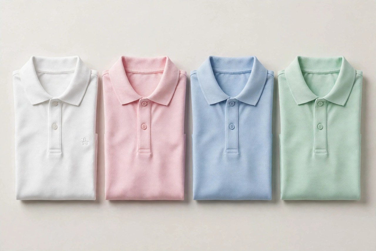 Women's pique tennis shirts folded in white, navy and pastel pink showing the textured waffle knit, ribbed collars and short sleeves