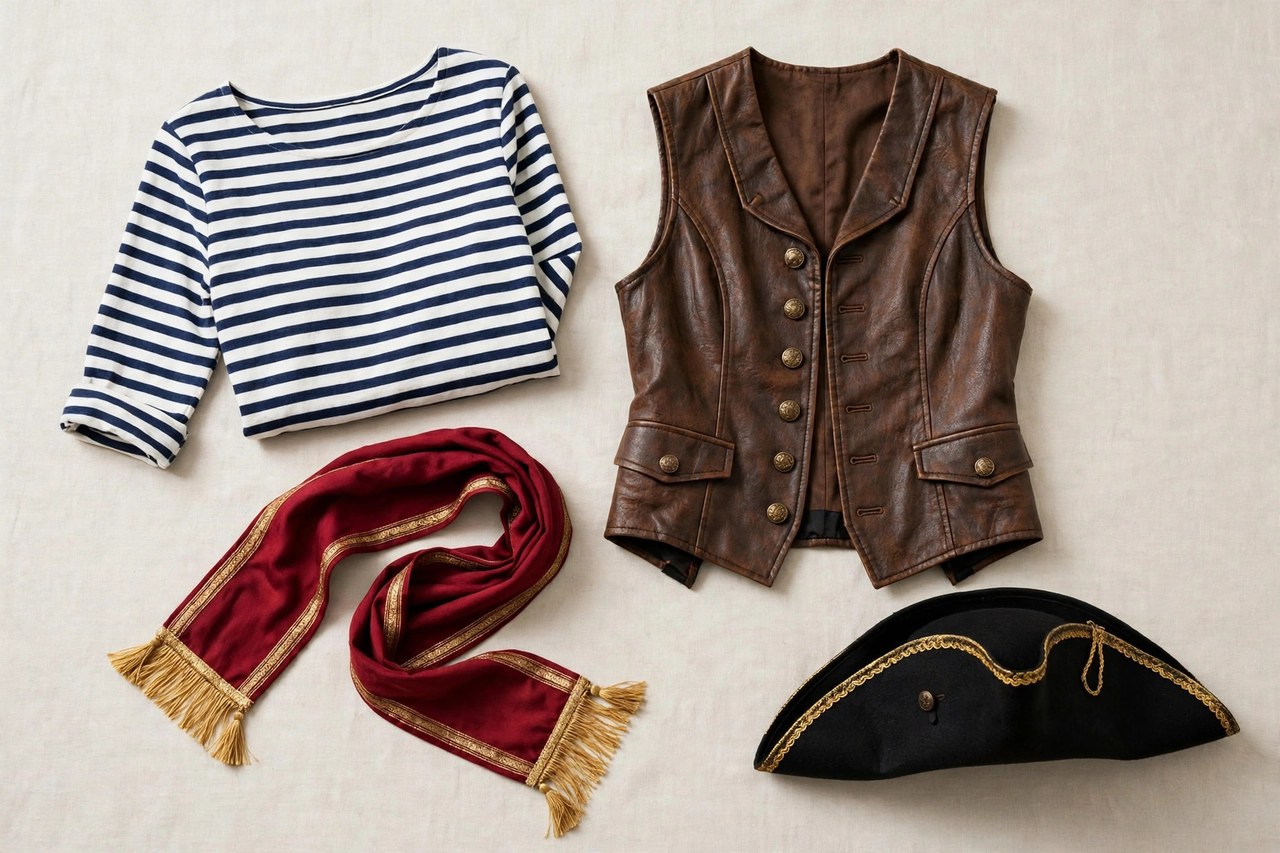 Women's pirate costume clothing arranged flat: a striped top, wide sash, bandana, tricorn hat and tall boots with costume accessories