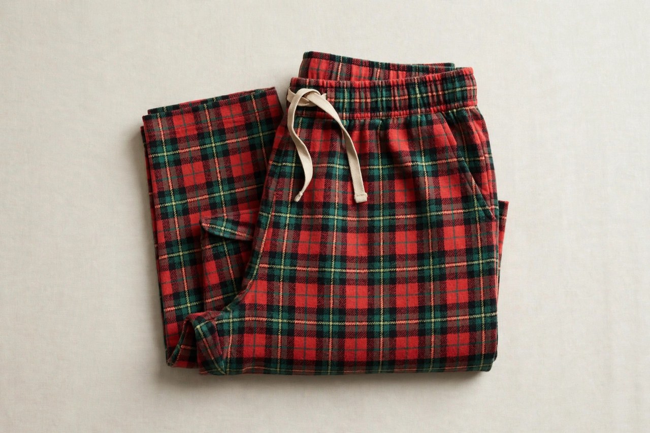 Folded women's plaid lounge pants in red, green and navy flannel checks showing soft brushed fabric and drawstring waists